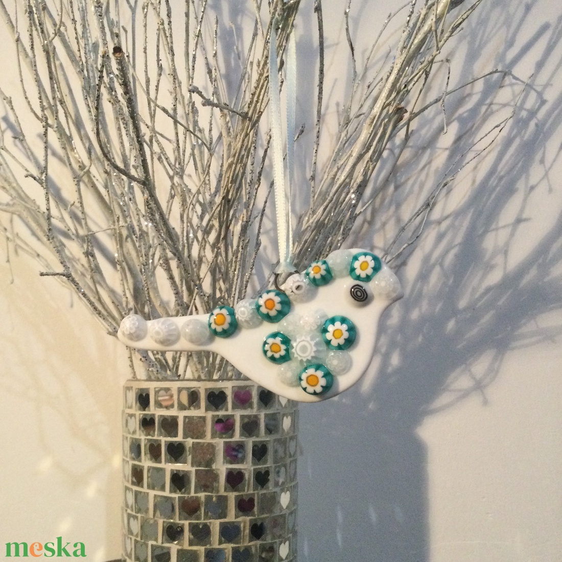 Üvegdísz - muránói madárka- sárga, zöld és fehér  - karácsony - karácsonyi lakásdekoráció - karácsonyfadíszek - Meska.hu