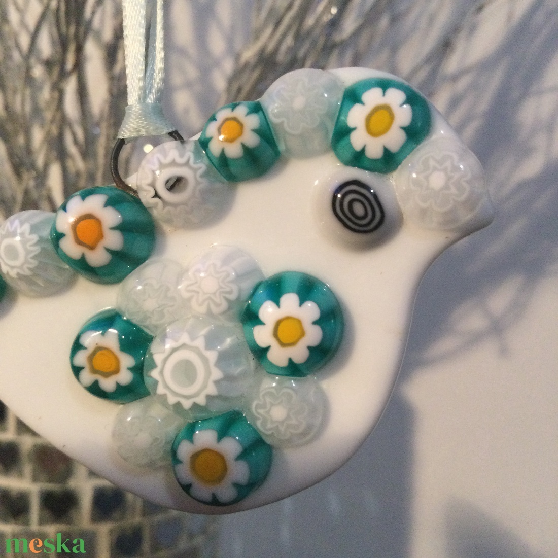 Üvegdísz - muránói madárka- sárga, zöld és fehér  - karácsony - karácsonyi lakásdekoráció - karácsonyfadíszek - Meska.hu