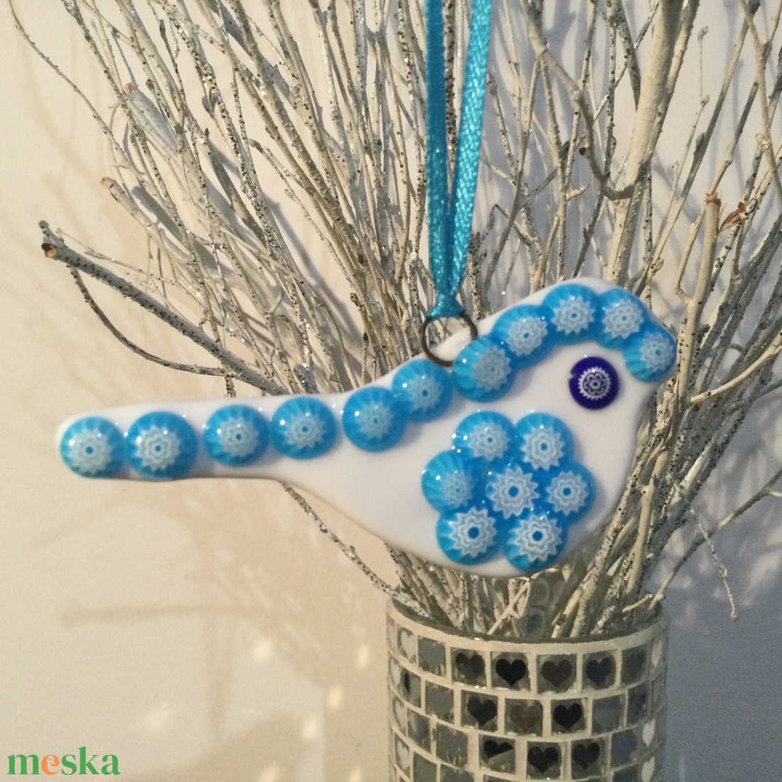 Üvegdísz - muránói madárka- kék - karácsony - karácsonyi lakásdekoráció - karácsonyfadíszek - Meska.hu