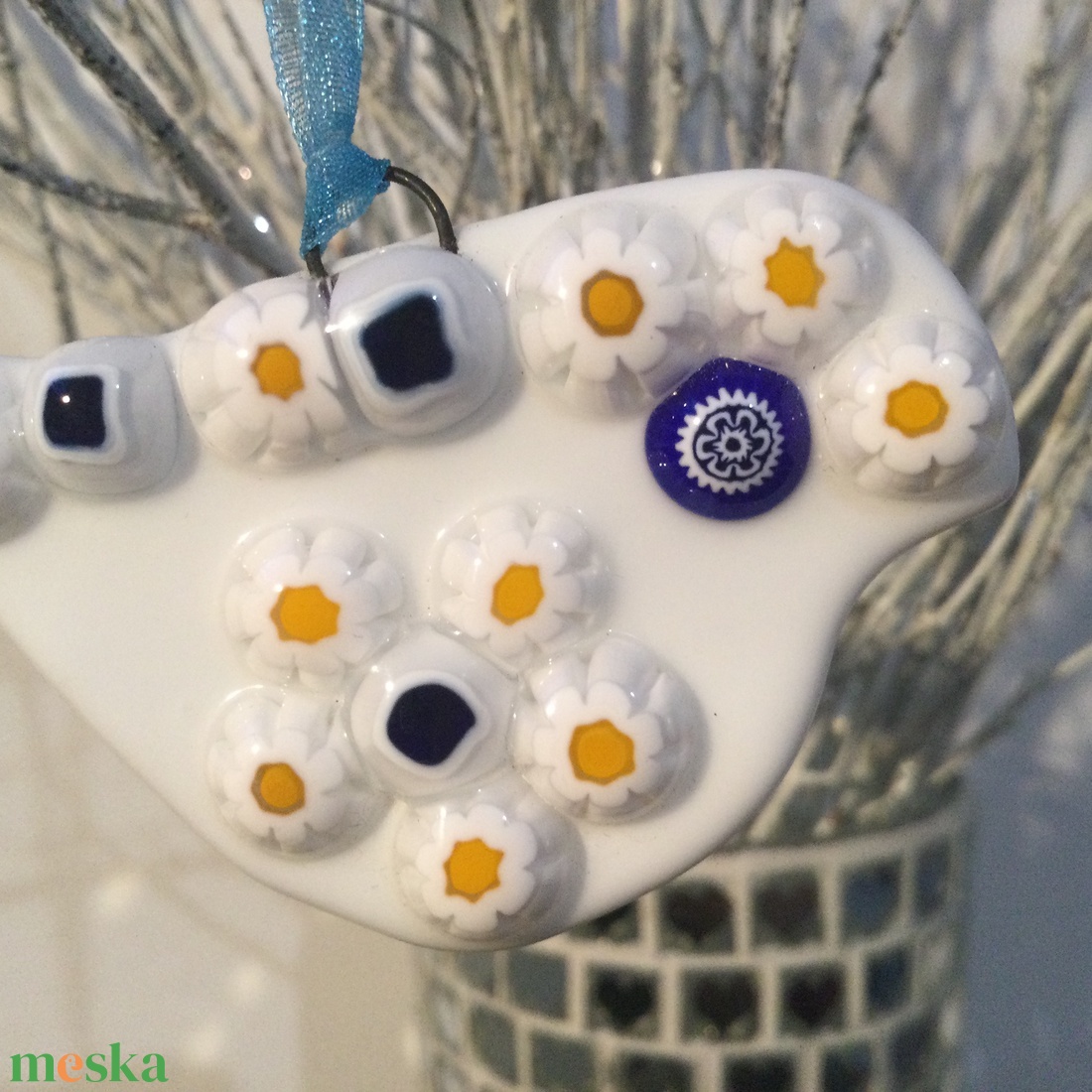 Üvegdísz - muránói madárka- sárga, kék, - karácsony - karácsonyi lakásdekoráció - karácsonyfadíszek - Meska.hu