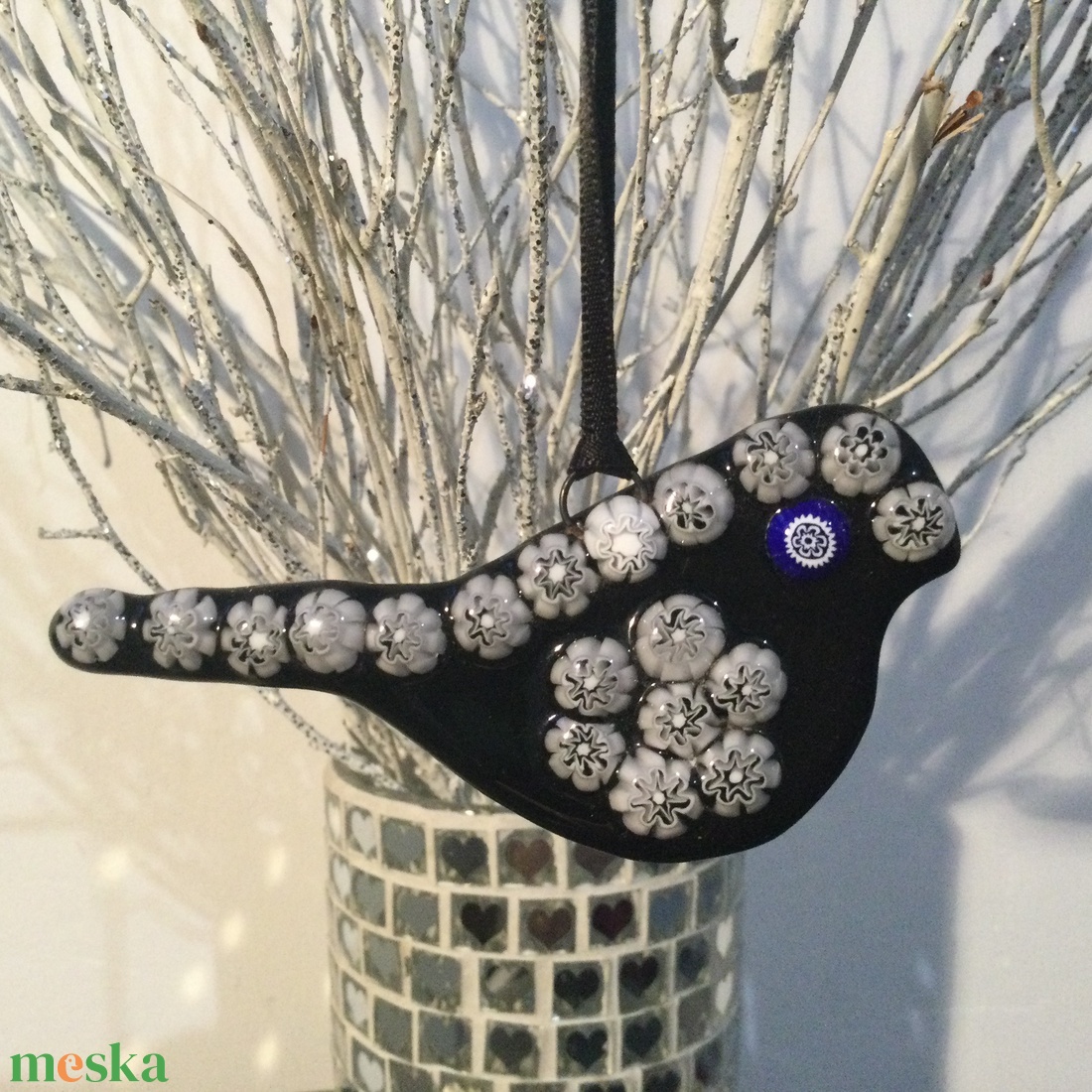 Üvegdísz - muránói madárka- fekete - karácsony - karácsonyi ajándékozás - karácsonyi ajándékcsomagolás - Meska.hu