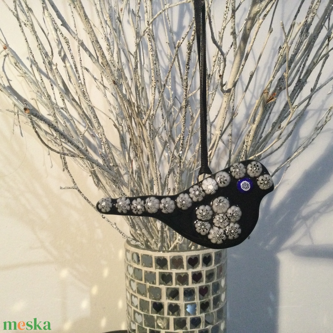 Üvegdísz - muránói madárka- fekete - karácsony - karácsonyi ajándékozás - karácsonyi ajándékcsomagolás - Meska.hu