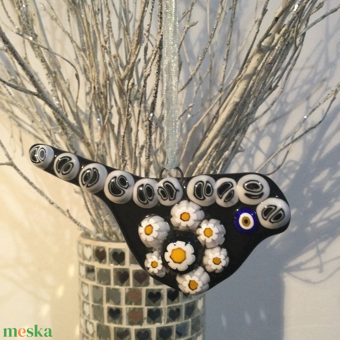 Üvegdísz - muránói madárka- fekete - karácsony - karácsonyi lakásdekoráció - karácsonyfadíszek - Meska.hu