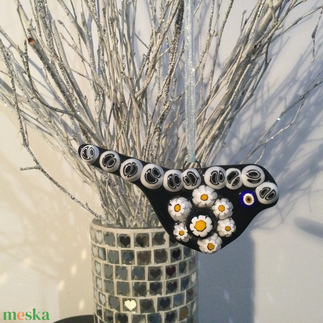 Üvegdísz - muránói madárka- fekete - karácsony - karácsonyi lakásdekoráció - karácsonyfadíszek - Meska.hu