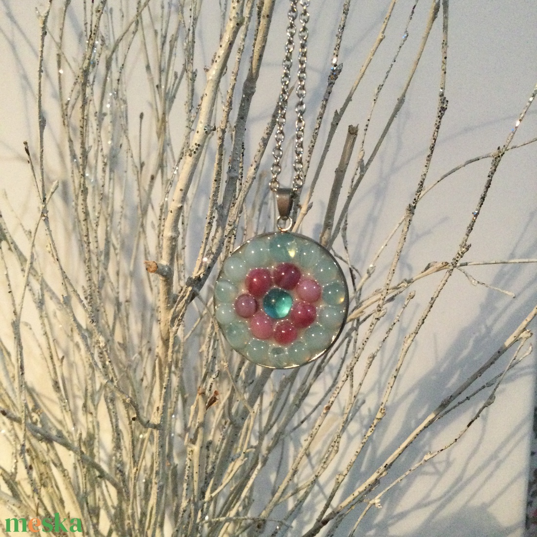 Üvegmozaik Medál (4) - Nemesacél - lila és rózsaszín - ékszer - nyaklánc - medál - Meska.hu