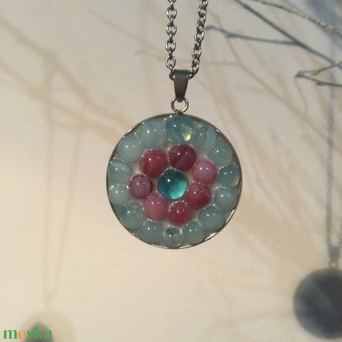 Üvegmozaik Medál (4) - Nemesacél - lila és rózsaszín - ékszer - nyaklánc - medál - Meska.hu