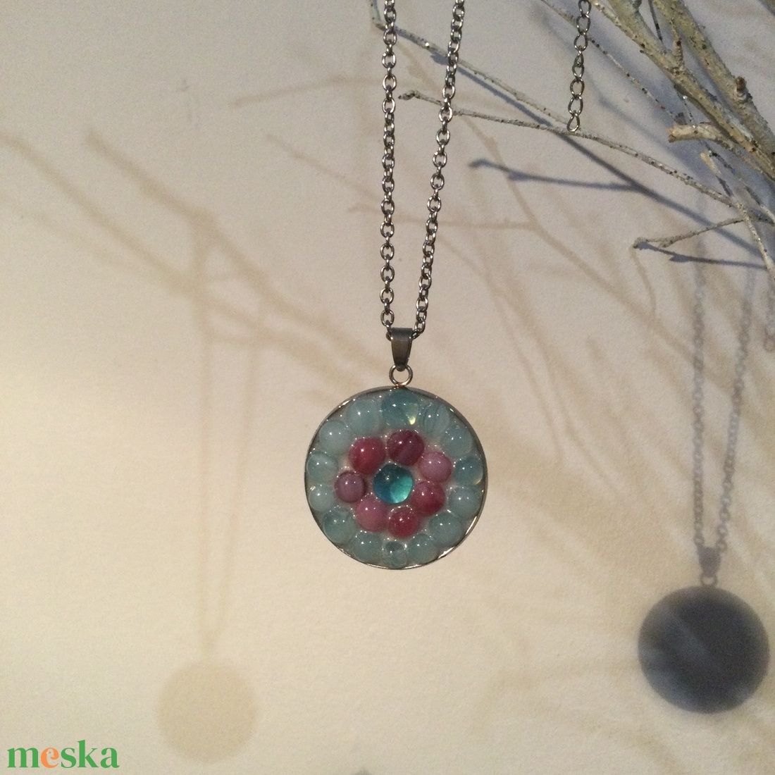 Üvegmozaik Medál (4) - Nemesacél - lila és rózsaszín - ékszer - nyaklánc - medál - Meska.hu