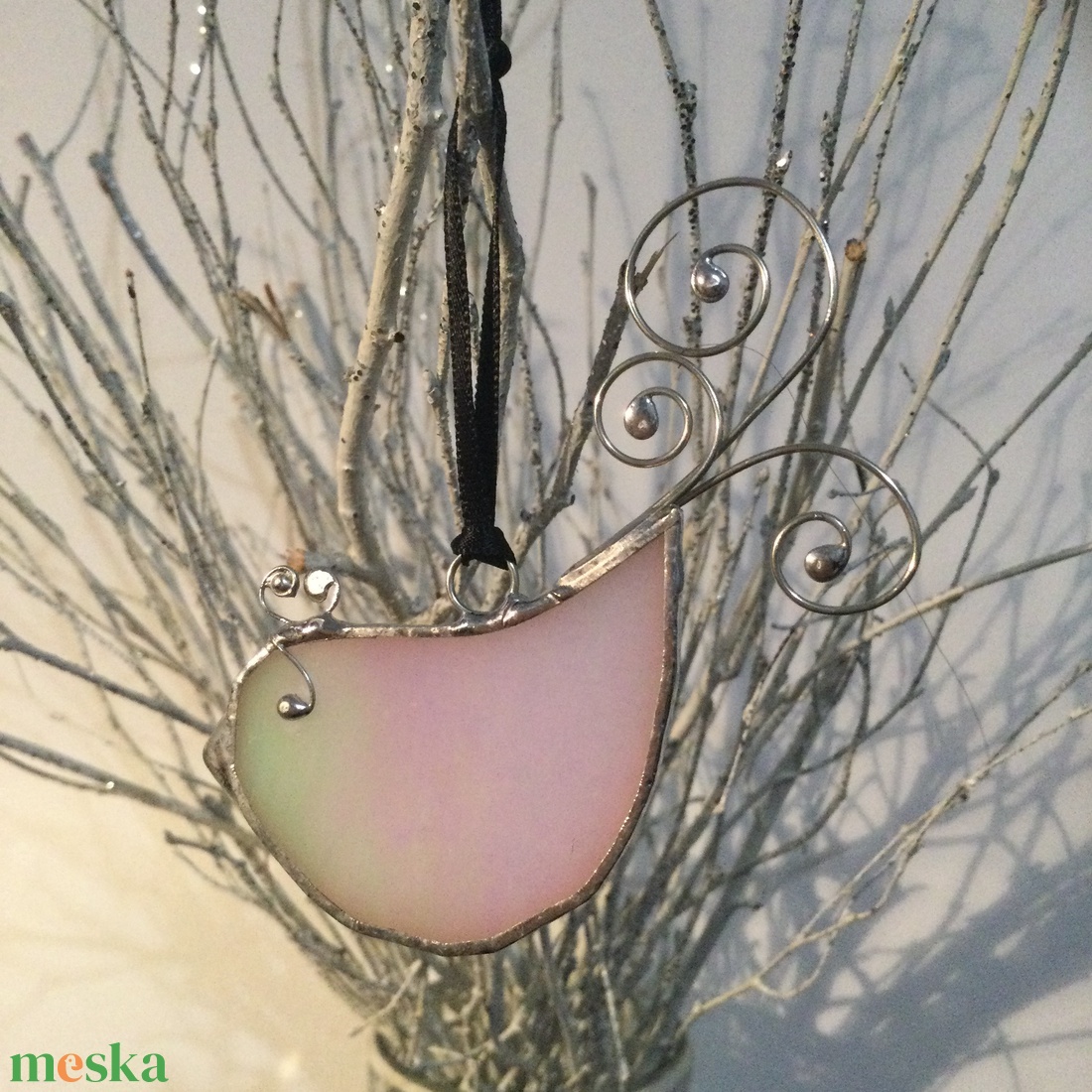 Üvegdísz - irizáló madárka  - rózsaszín, kékes-zöld   - karácsony - karácsonyi lakásdekoráció - karácsonyfadíszek - Meska.hu