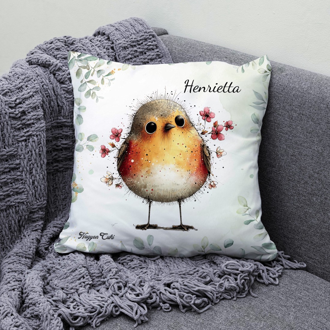 Névvel kérhető - Cuki vörösbegy, a barátságos kertész mintás párna - otthon & életmód - lakástextil - párna & párnahuzat - díszpárna (belsővel együtt) - Meska.hu