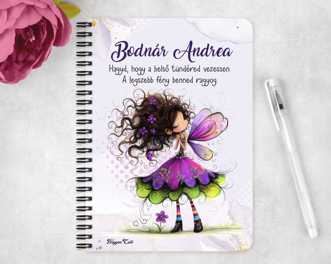 Személyre szabható - Kedves ibolya virágos tündér mintás A5-ös füzet - otthon & életmód - papír, írószer - jegyzetfüzet & napló - Meska.hu