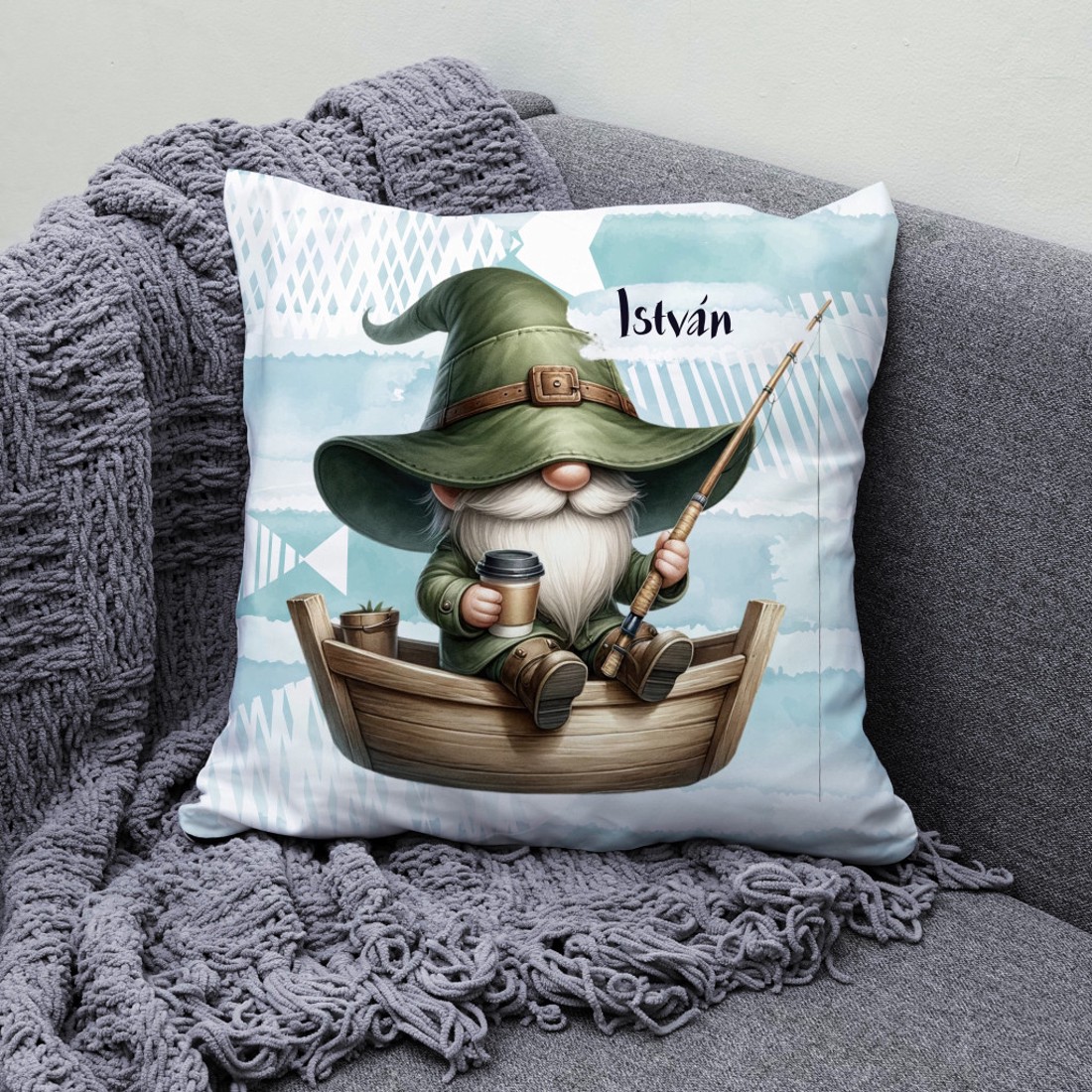 Névvel kérhető - Csónakos horgász manó és kávé mintás párna - otthon & életmód - lakástextil - párna & párnahuzat - díszpárna (belsővel együtt) - Meska.hu