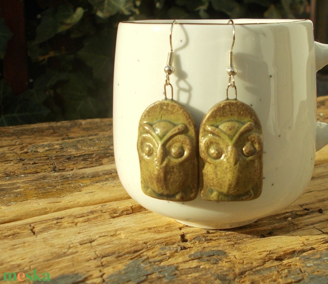 Antikolt fülbevaló bagollyal - ékszer - fülbevaló - lógó fülbevaló - Meska.hu