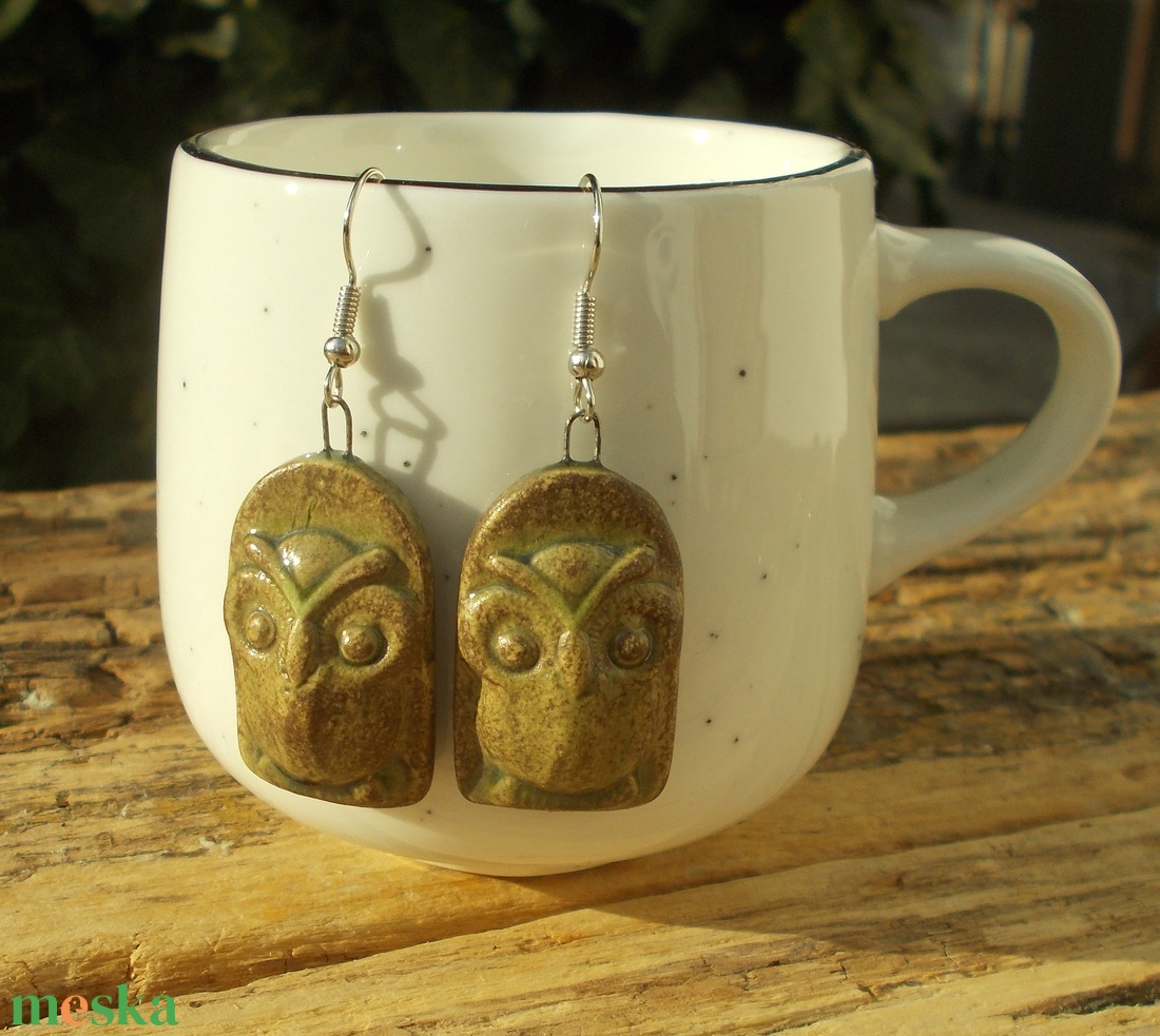 Antikolt fülbevaló bagollyal - ékszer - fülbevaló - lógó fülbevaló - Meska.hu