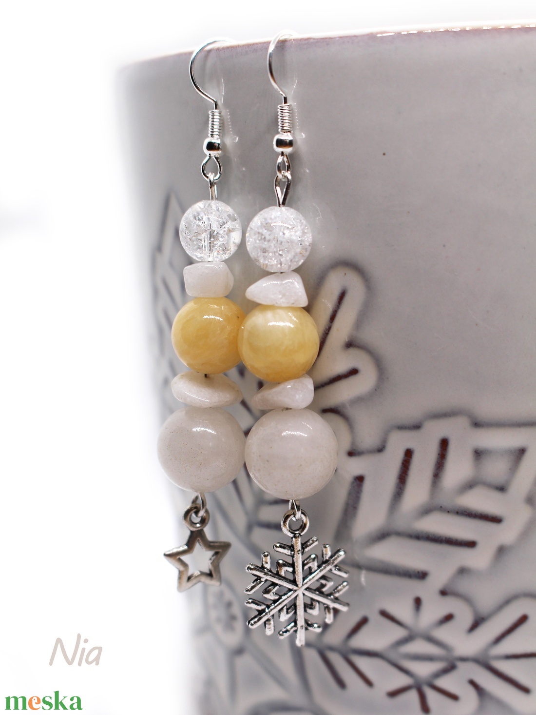Csillagfény a hóesésben - ásványfülbevaló hópehely és csillag medálokkal - ékszer - fülbevaló - lógó fülbevaló - Meska.hu