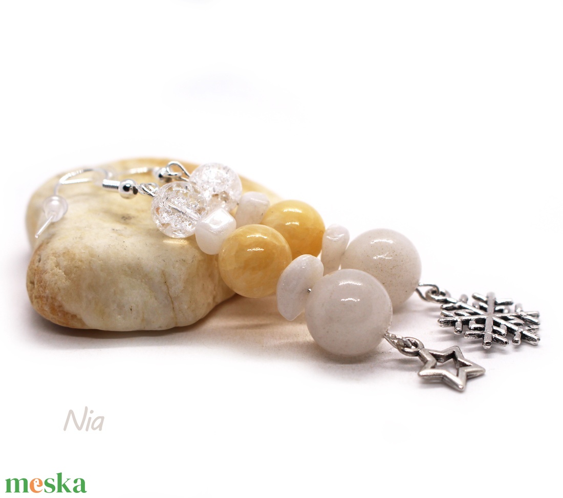 Csillagfény a hóesésben - ásványfülbevaló hópehely és csillag medálokkal - ékszer - fülbevaló - lógó fülbevaló - Meska.hu