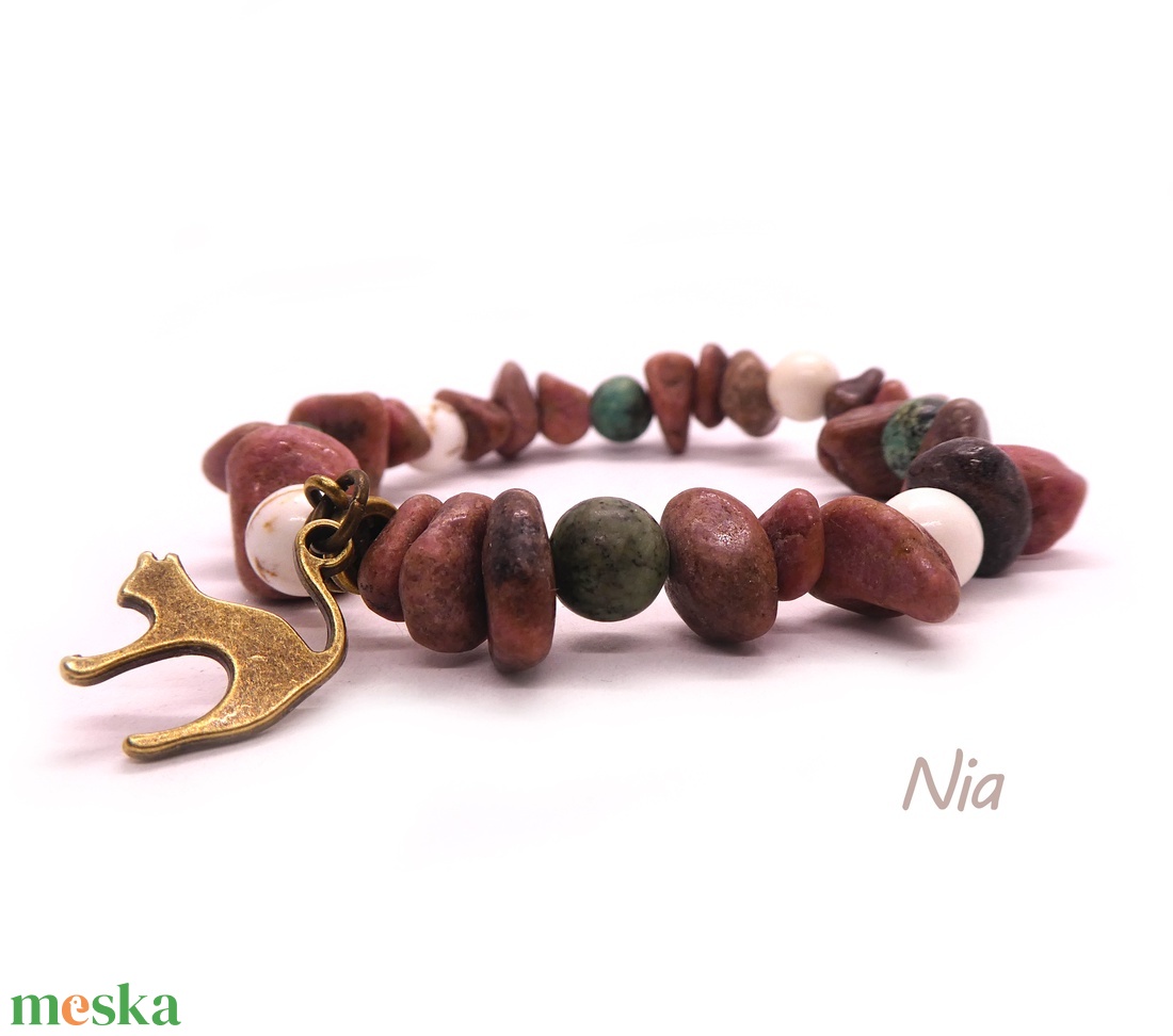 Édes otthon - ásványkarkötő cica medállal - ékszer - karkötő - karkötő medállal - Meska.hu