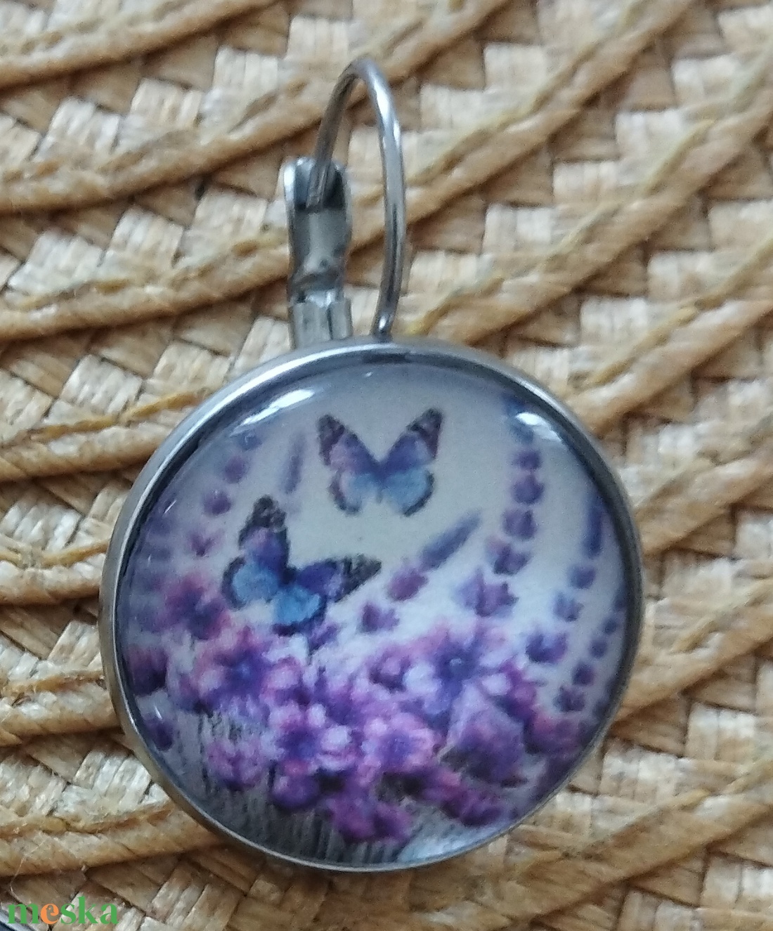 üveg lencsés fülbevaló levendula motívummal  - ékszer - ékszerszett - Meska.hu