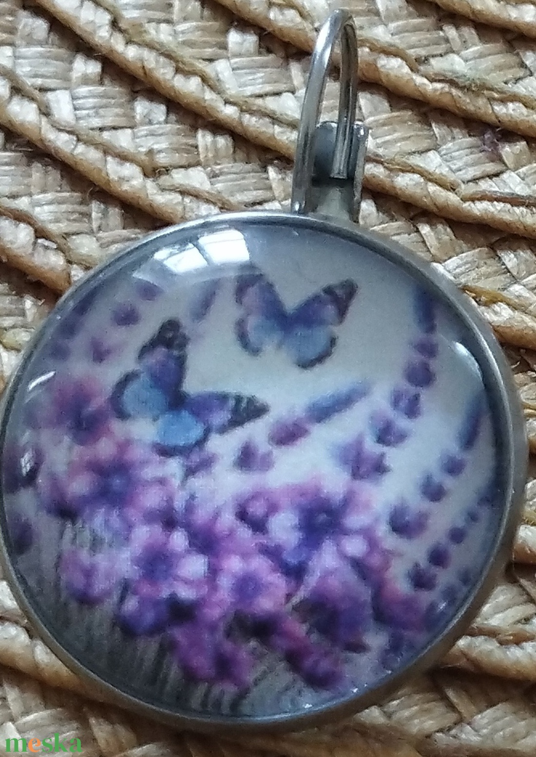 üveg lencsés fülbevaló levendula motívummal  - ékszer - ékszerszett - Meska.hu