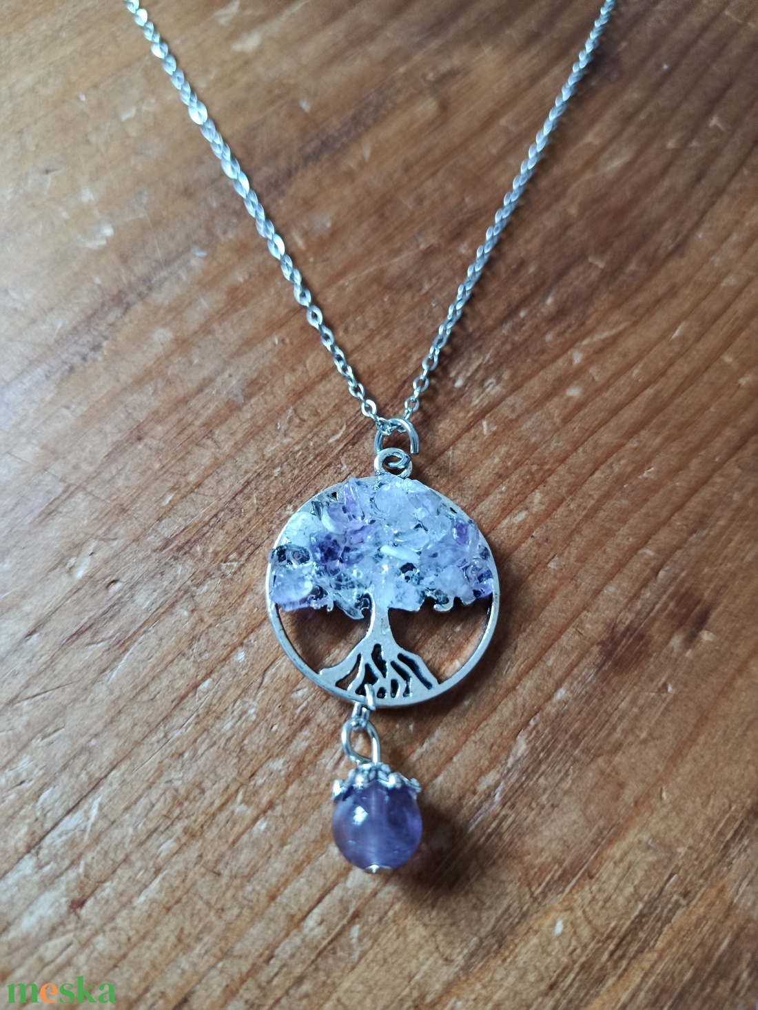Életfa medál ametiszt ásvánnyal orvosi acél lánccal  - ékszer - nyaklánc - medálos nyaklánc - Meska.hu