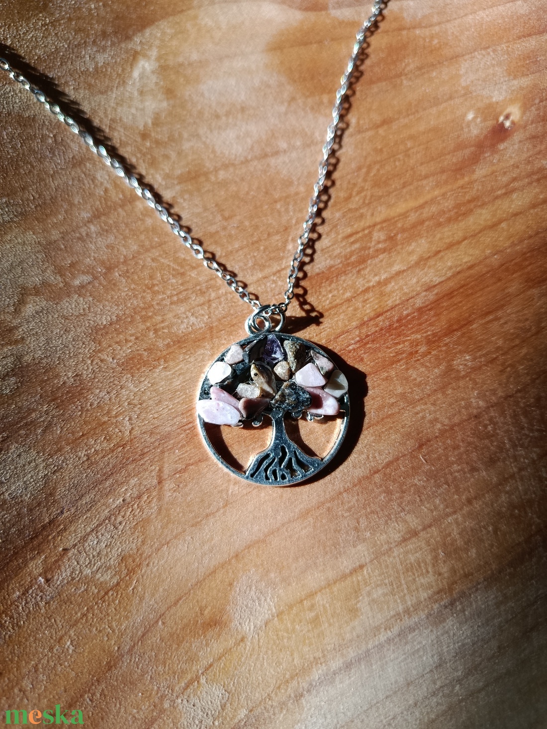 Életfa medál rodonit ásvánnyal orvosi acél lánccal  - ékszer - nyaklánc - medálos nyaklánc - Meska.hu