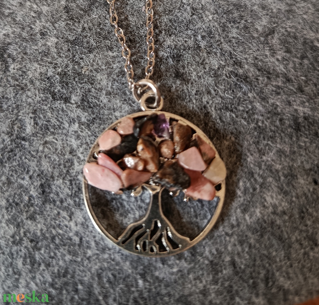 Életfa medál rodonit ásvánnyal orvosi acél lánccal  - ékszer - nyaklánc - medálos nyaklánc - Meska.hu