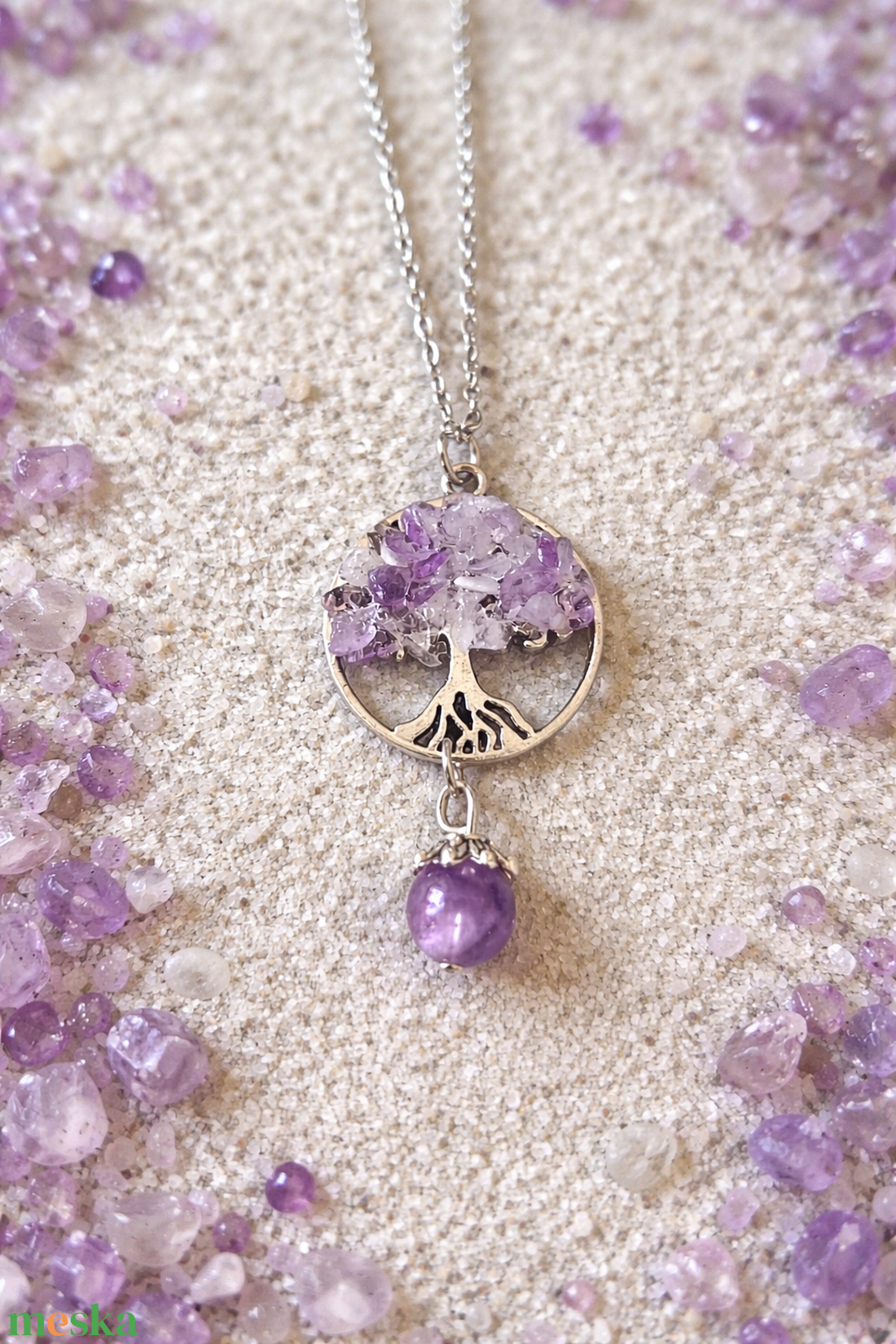 Életfa medál ametiszt ásvánnyal orvosi acél lánccal  - ékszer - nyaklánc - medálos nyaklánc - Meska.hu