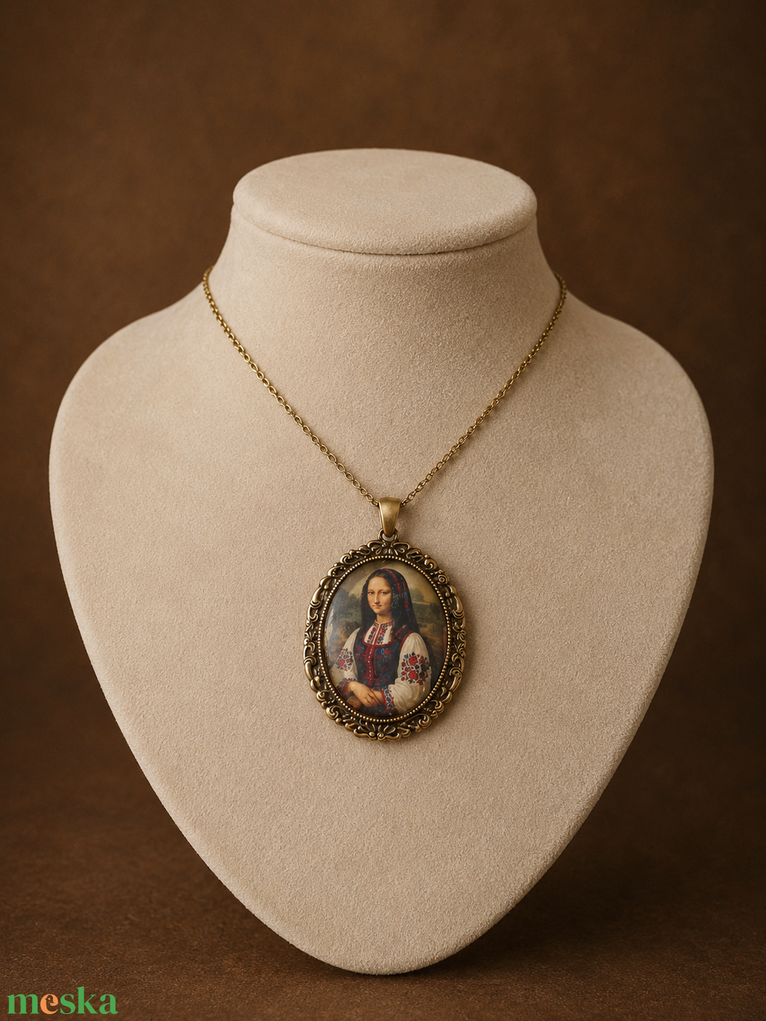 Üveg lencsés, orvosi acél nyaklánc Mona Lisa motívummal  - ékszer - nyaklánc - medálos nyaklánc - Meska.hu