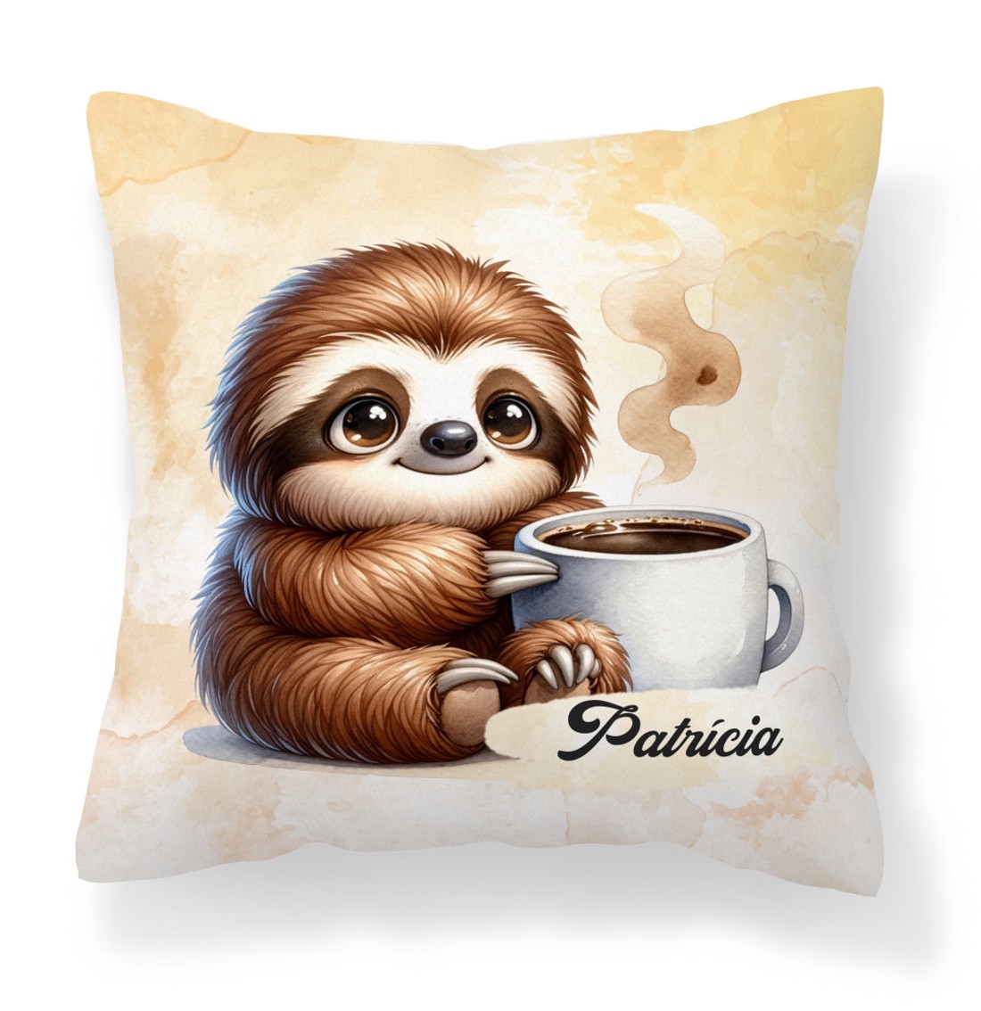 Névvel kérhető - Kávés lajhár és a forró kávé mintás párna - otthon & életmód - lakástextil - párna & párnahuzat - díszpárna (belsővel együtt) - Meska.hu