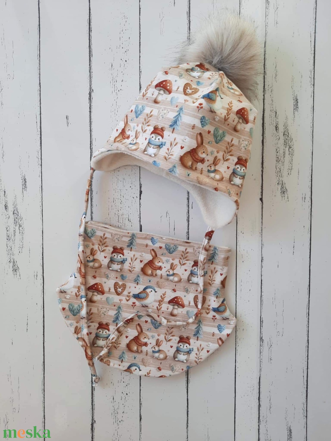 Madárkás nyuszis téli sapka-sál szett (49-50 cm) - ruha & divat - babaruha & gyerekruha - babasapka - Meska.hu