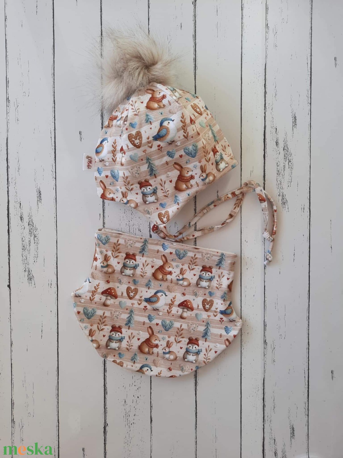 Madárkás nyuszis téli sapka-sál szett (49-50 cm) - ruha & divat - babaruha & gyerekruha - babasapka - Meska.hu
