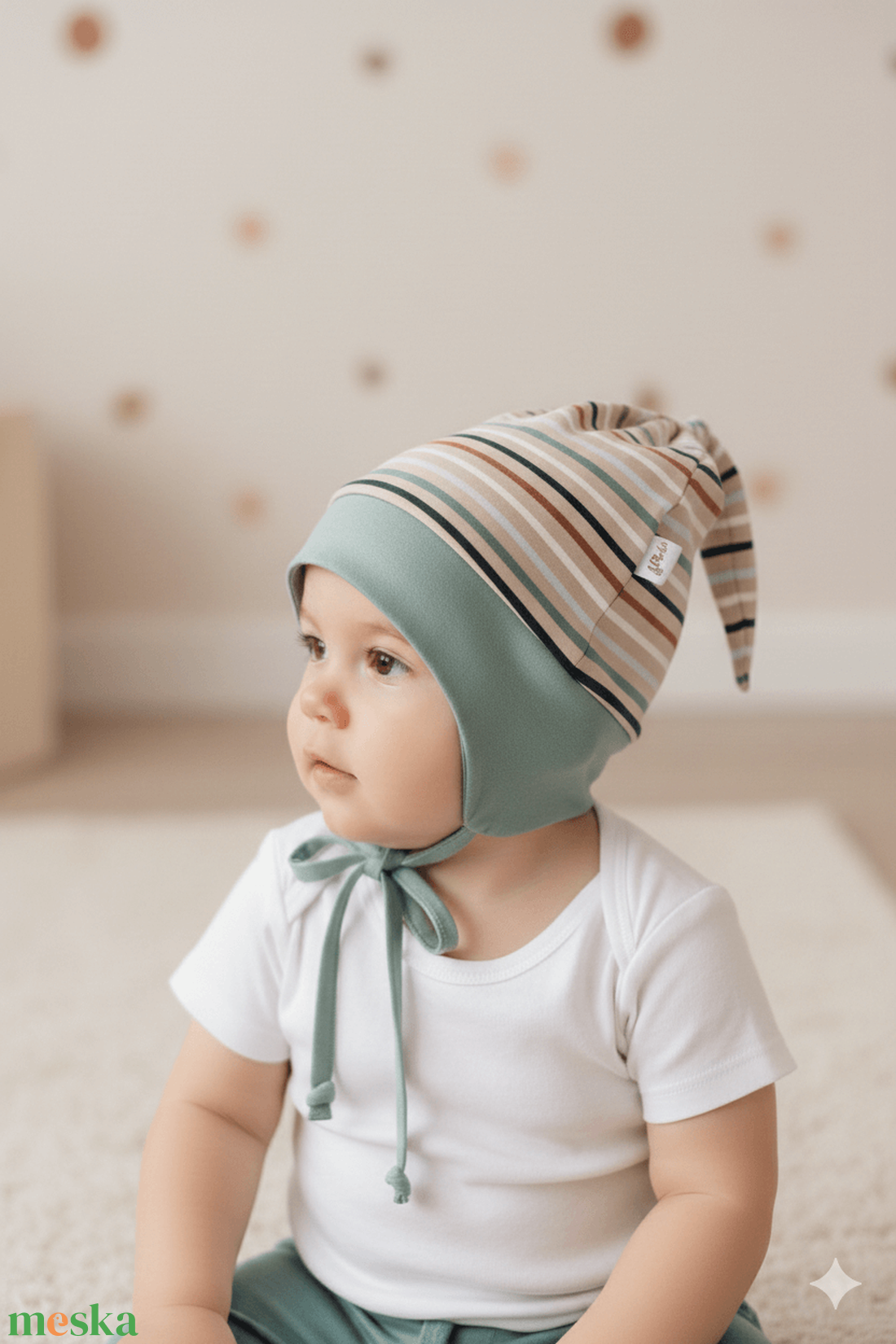 Csíkos fülvédős sapka (50-52 cm) - baba - mama - babaruházat - babasapka - Meska.hu