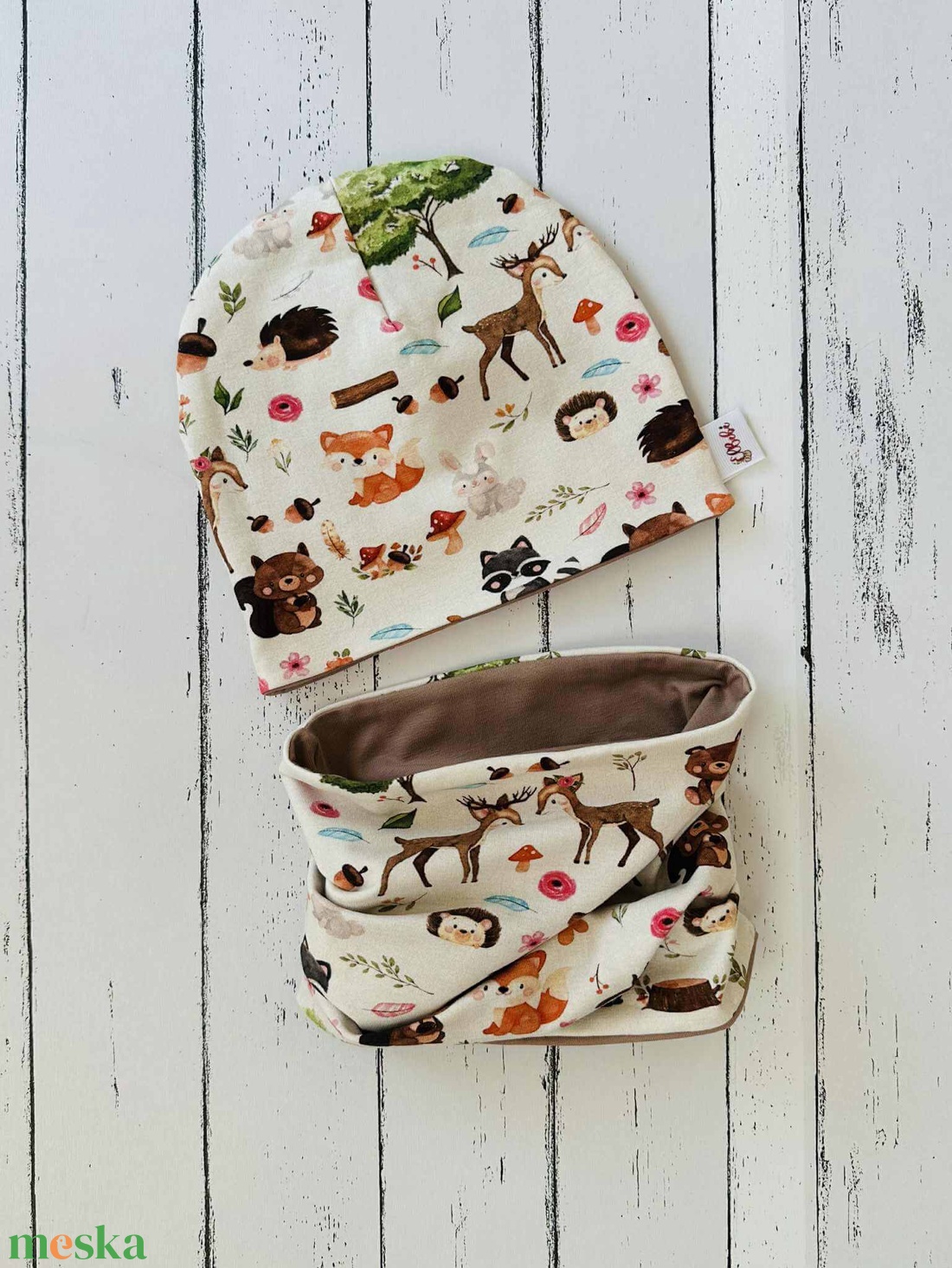 Erdei állatos sapka-sál szett (48-50 cm) - baba - mama - babaruházat - babasapka - Meska.hu