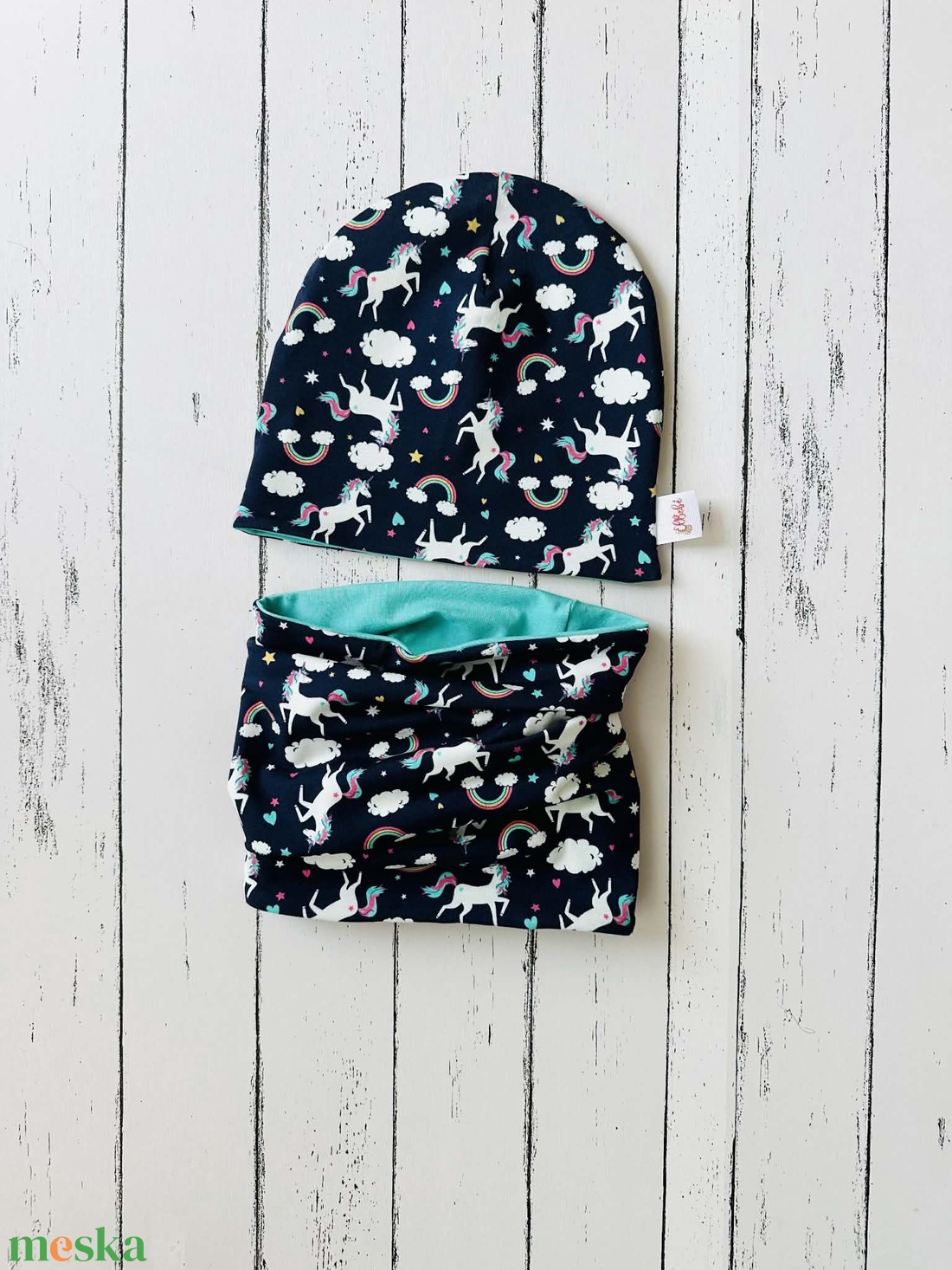 Unikornisos sapka-sál szett (48-50 cm) - baba - mama - babaruházat - babasapka - Meska.hu
