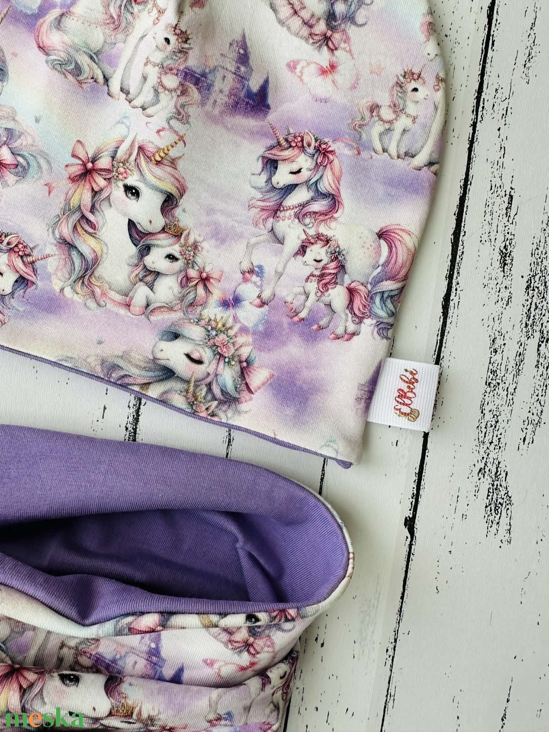 Unikornisos lila sapka-sál szett (50-52) - ruha & divat - sál, sapka, kendő - sapka & sál szett - Meska.hu