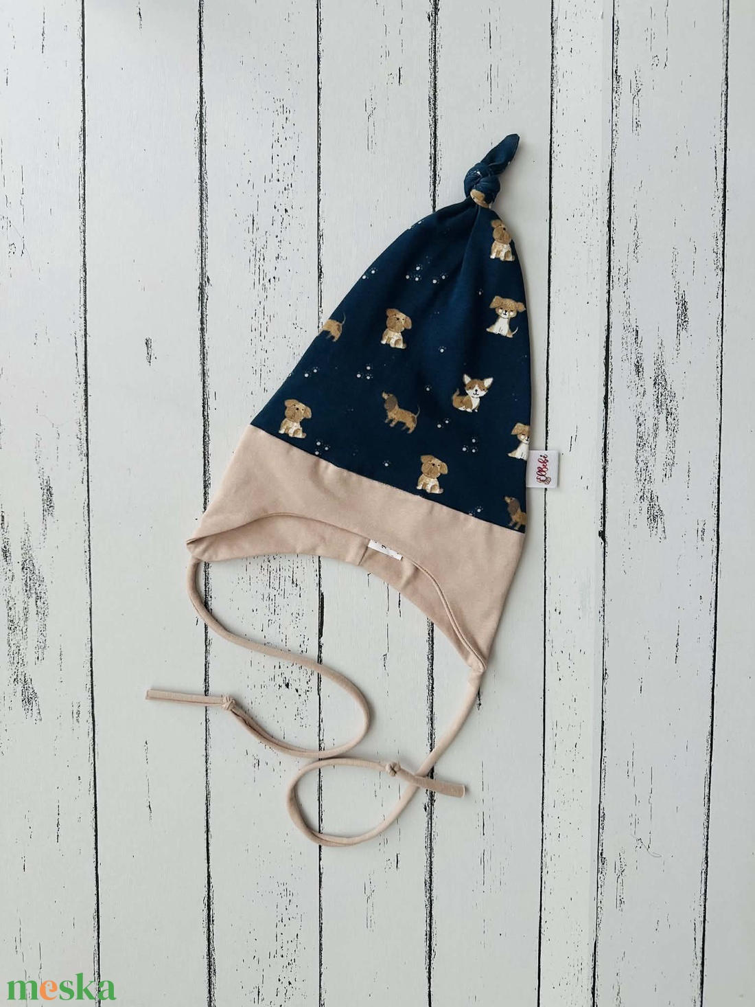 Kék alapon kutyusos fülvédős sapka (45-47 cm) - baba - mama - babaruházat - babasapka - Meska.hu