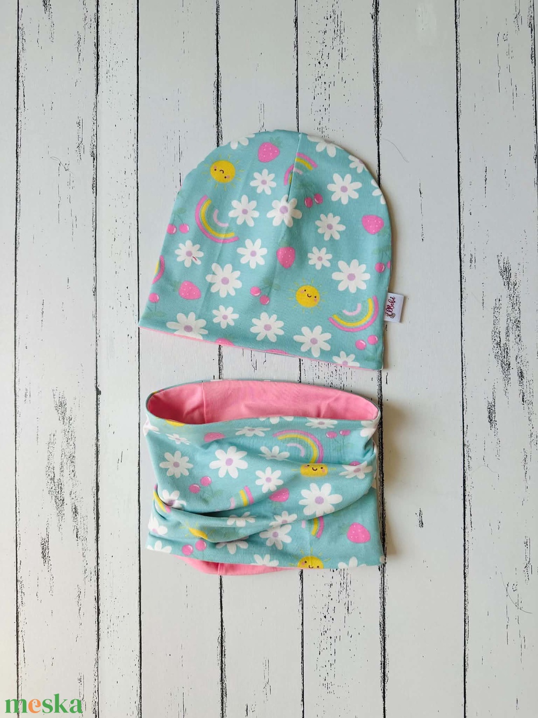 Szivárványos margarétás sapka-sál szett (48-50 cm) - baba - mama - babaruházat - babasapka - Meska.hu