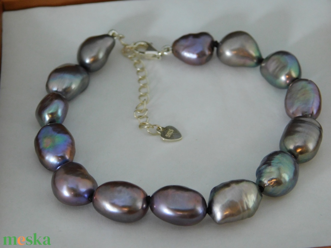 Gyöngy Karkötő Ezüst 925 Állítható Kapoccsal, Gyöngyház Fekete/Multikolor Baroque Gyöngyökkel - ékszer - karkötő - gyöngyös karkötő - Meska.hu