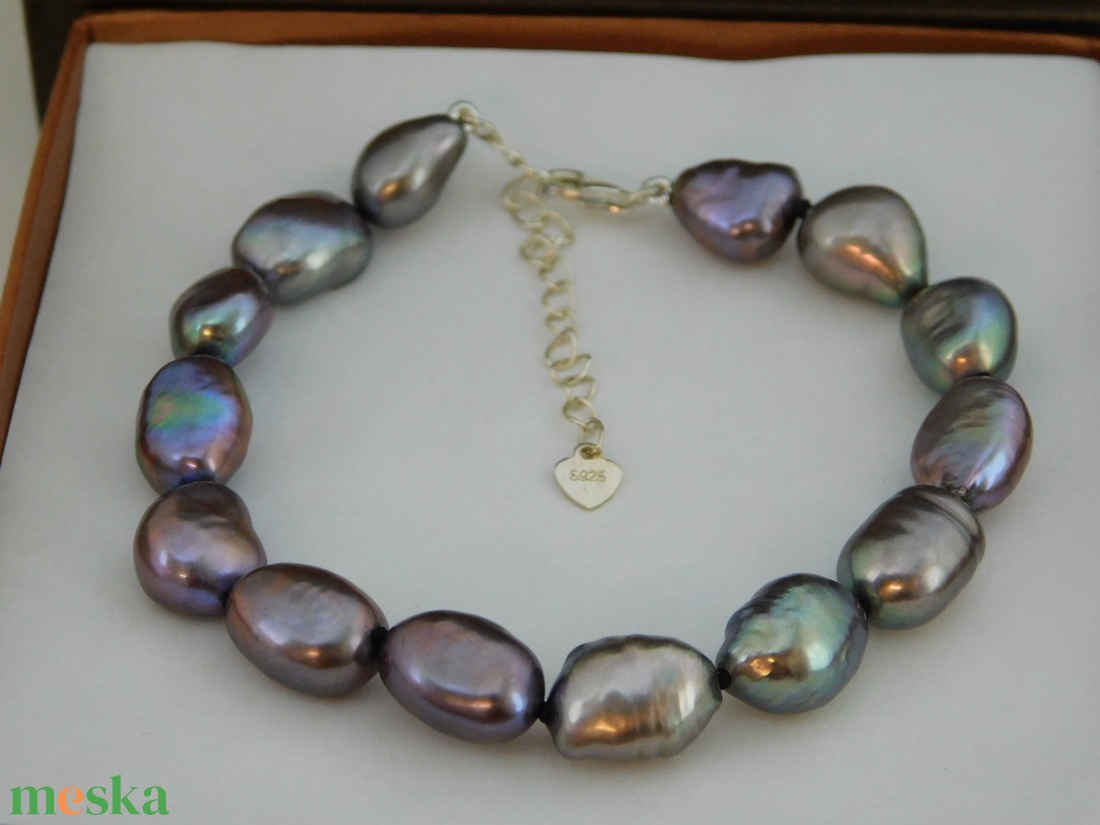 Gyöngy Karkötő Ezüst 925 Állítható Kapoccsal, Gyöngyház Fekete/Multikolor Baroque Gyöngyökkel - ékszer - karkötő - gyöngyös karkötő - Meska.hu