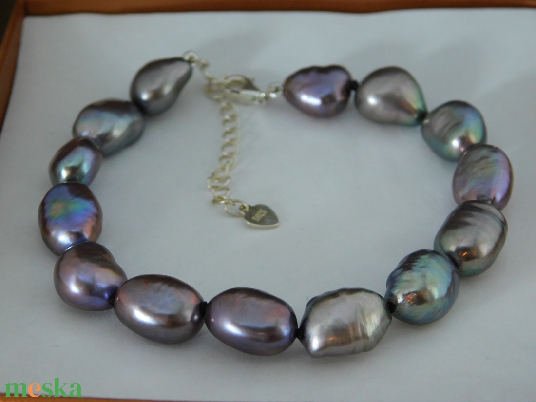 Gyöngy Karkötő Ezüst 925 Állítható Kapoccsal, Gyöngyház Fekete/Multikolor Baroque Gyöngyökkel - ékszer - karkötő - gyöngyös karkötő - Meska.hu