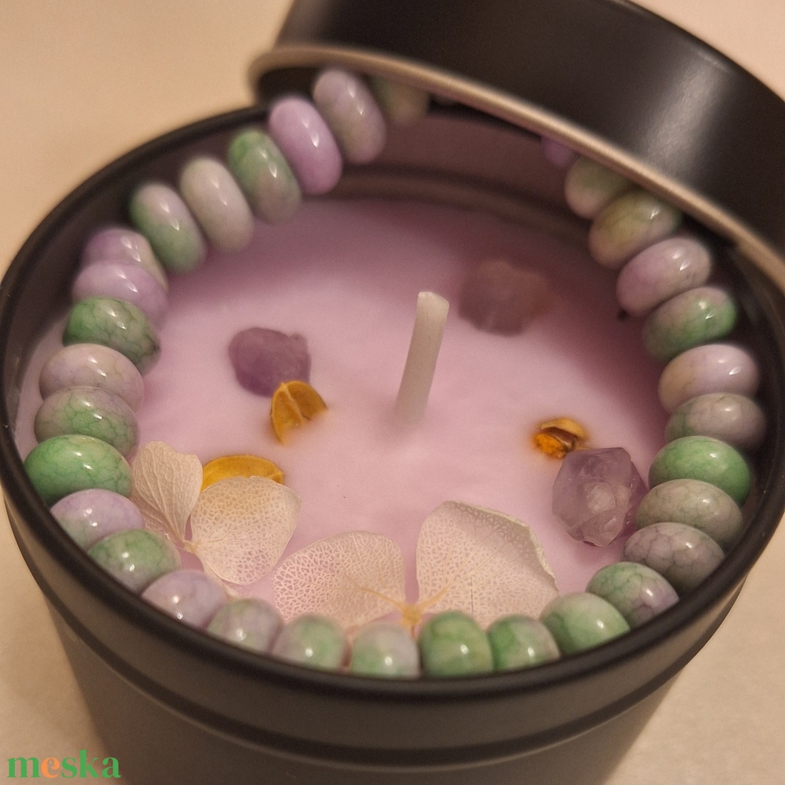 Édes álom - levendula illatú szója gyertya Achát ásványkarkötővel - karácsony - karácsonyi lakásdekoráció - karácsonyi illatgyertya, mécses - Meska.hu