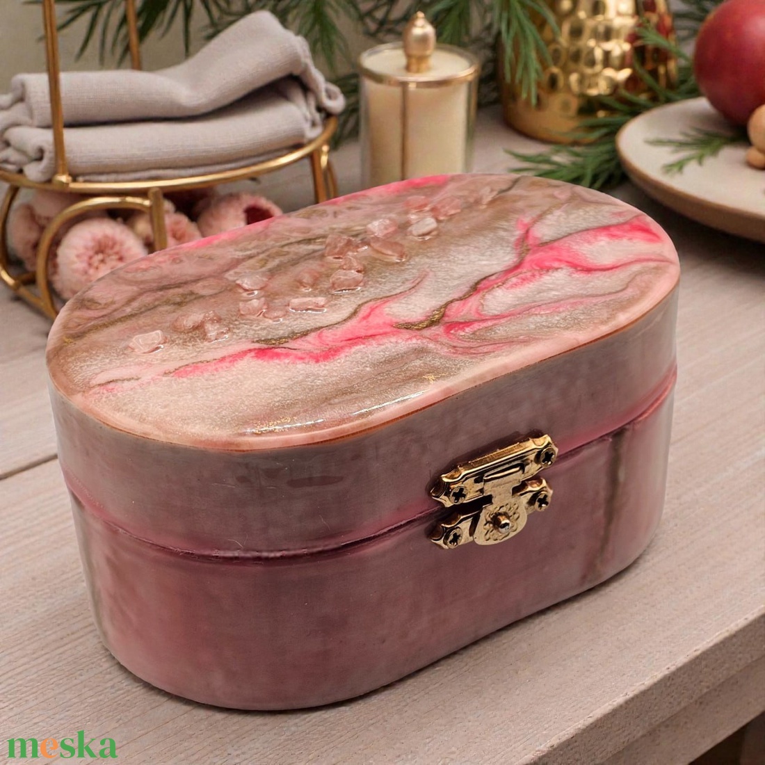 Ovális ékszerdoboz � púder rózsaszín kvarc ihletéssel - ékszer - ékszertartó - ékszerdoboz - Meska.hu
