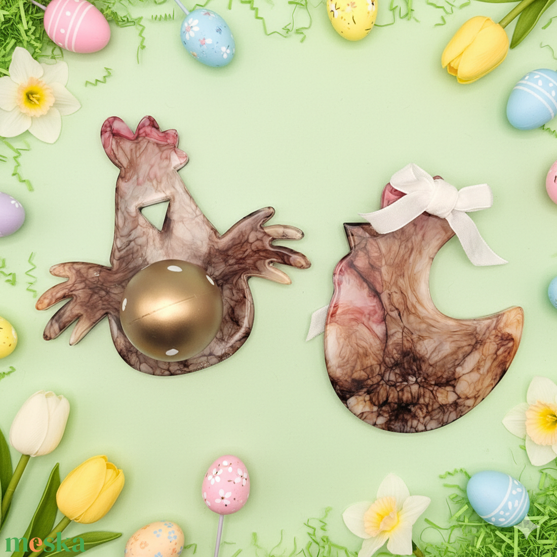 Húsvéti dekoráció szett � epoxi tojásalátét és függődísz, tyúk motívum - otthon & életmód - dekoráció - húsvéti asztaldíszek - Meska.hu