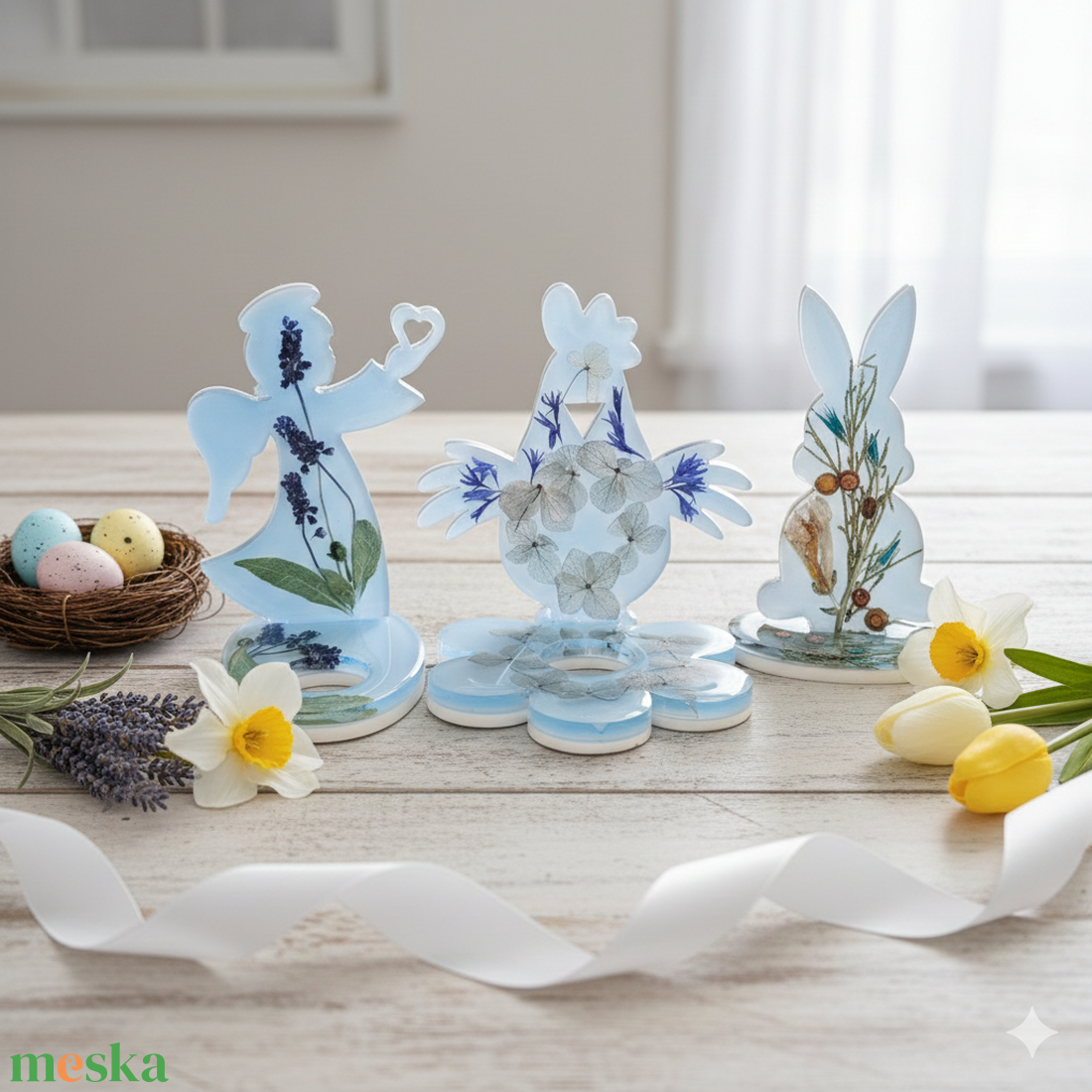 Húsvéti tojásalátét nyuszi � epoxi, valódi szárított virágok - otthon & életmód - dekoráció - húsvéti asztaldíszek - Meska.hu