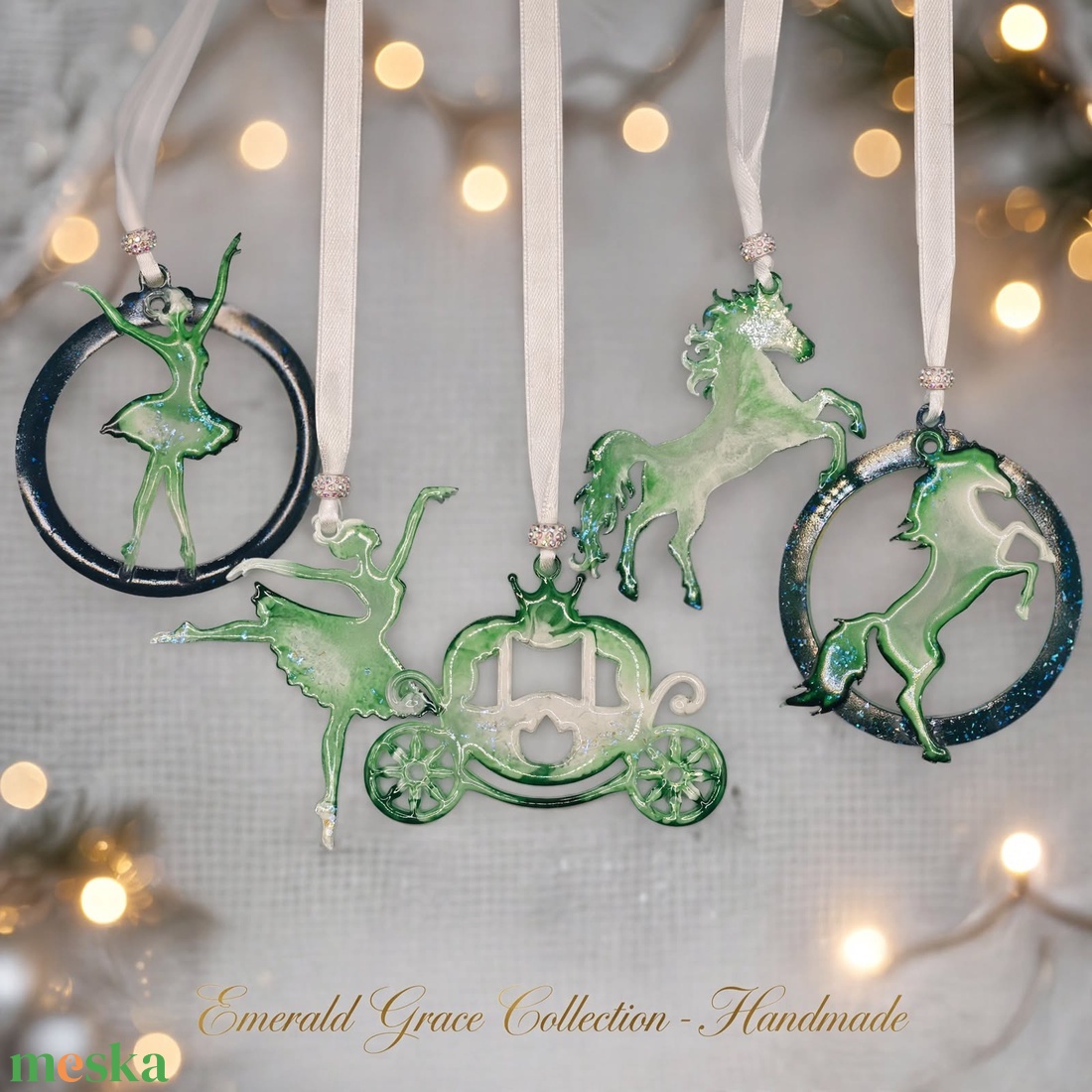 EMERALD GRACE � kézzel készített karácsonyfadísz kollekció díszdobozban, 5 darabos szett - karácsony - karácsonyi lakásdekoráció - karácsonyfadíszek - Meska.hu