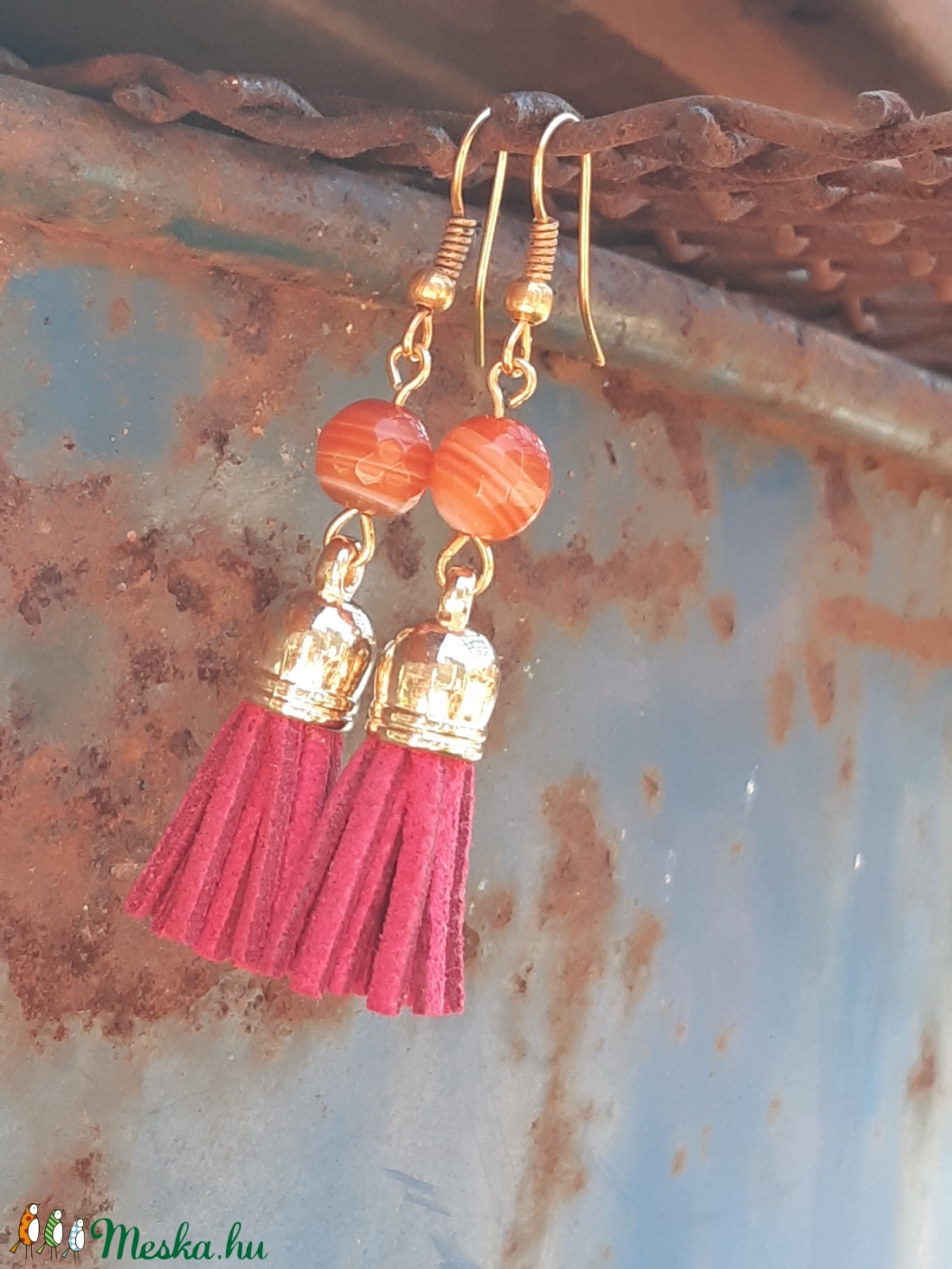 Pink színű bojt-ásványos fülbevaló - ékszer - fülbevaló - rojtos fülbevaló - Meska.hu