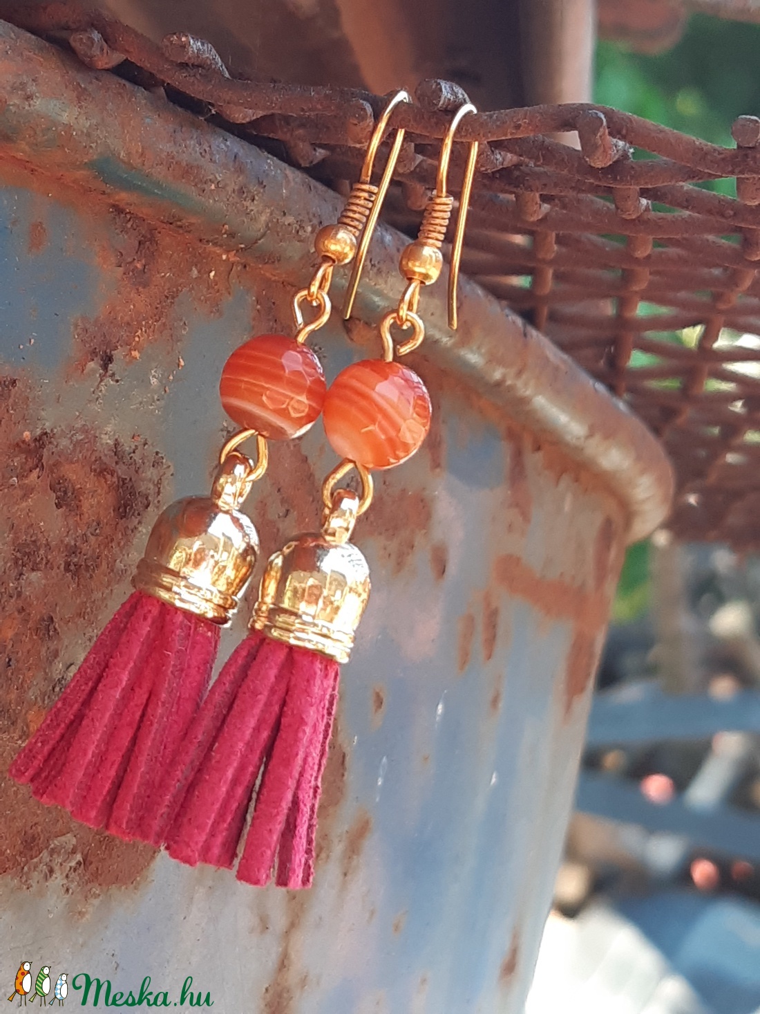 Pink színű bojt-ásványos fülbevaló - ékszer - fülbevaló - rojtos fülbevaló - Meska.hu