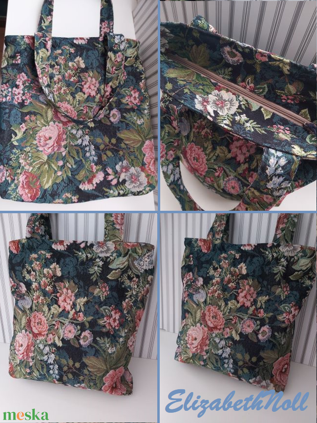 Egyedi bevásárlótáska virágmintás gobelin anyagból - táska & tok - kézitáska & válltáska - nagy pakolós táska - Meska.hu
