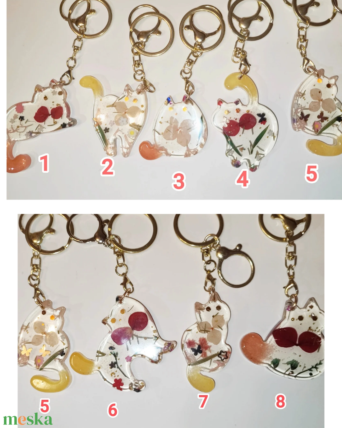 Kulcstartó Macska epoxigyantából, szárított virágokkal. 1 darab költsége.  - táska & tok - kulcstartó & táskadísz - táskadísz - Meska.hu