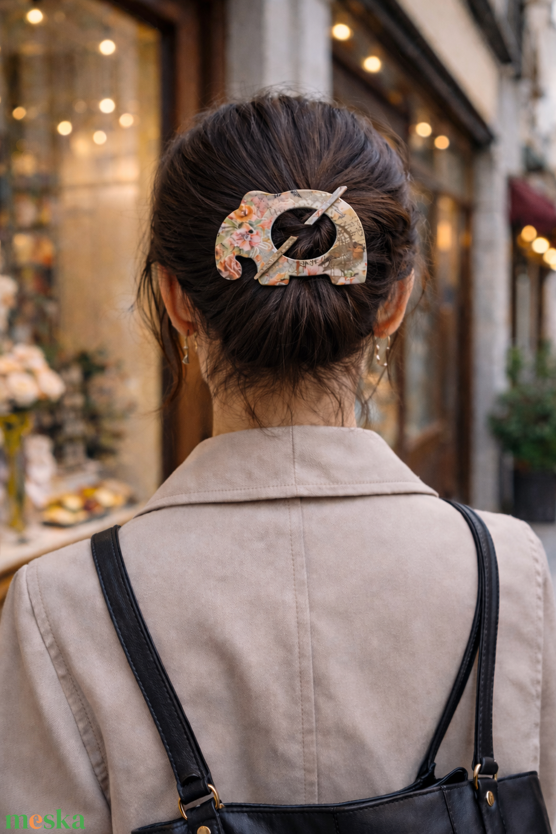 Elefánt formájú, dekupázsolt, fa sáltű / hajtű + fülbevaló szett - ékszer - ékszerszett - Meska.hu