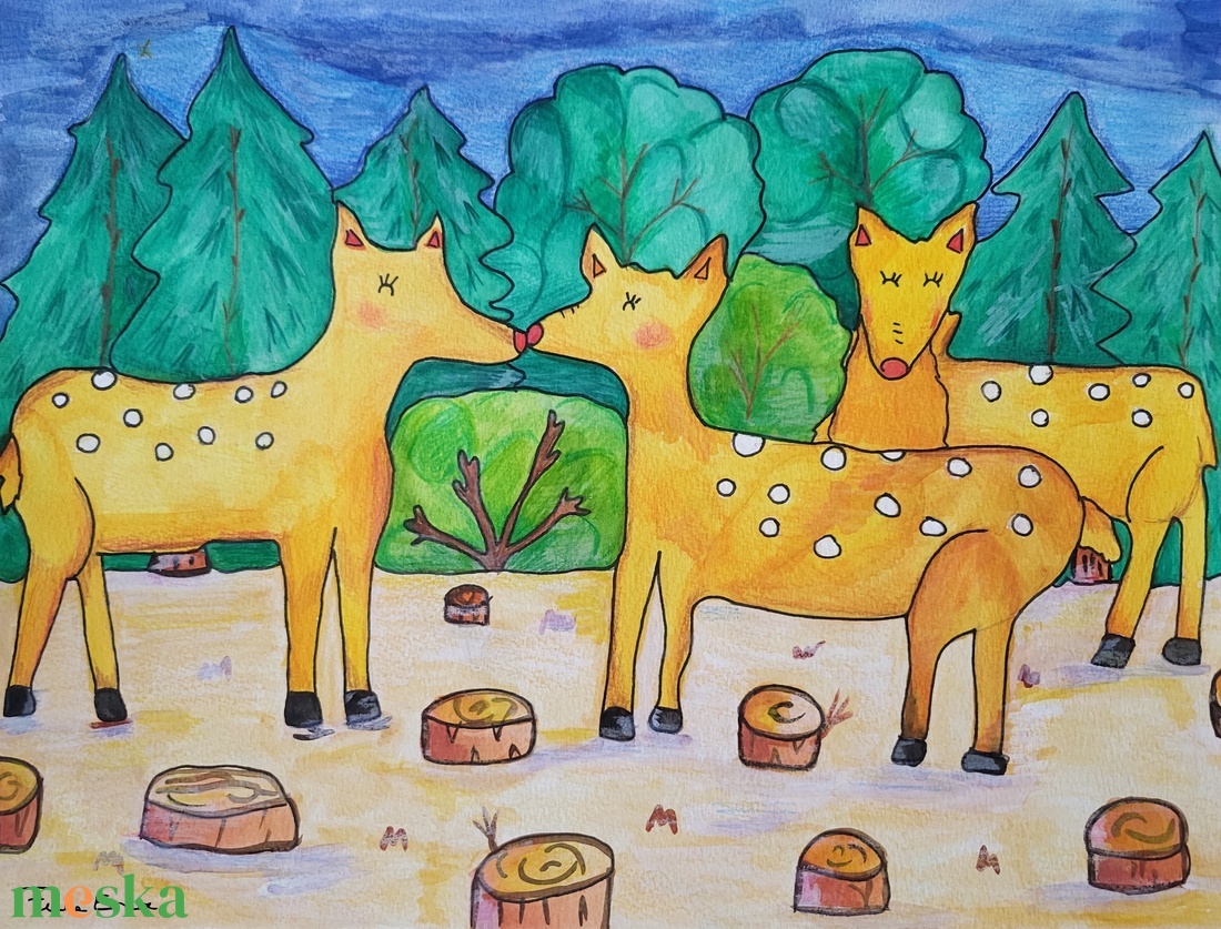 Őzek az erdő szélén festmény eladó! - művészet - grafika & illusztráció - művészi nyomat - Meska.hu